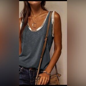 Soft blue grey sleeveless tan tank top with gold metallic  trim. NWOT.